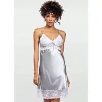 DKaren Harper | Vrouwelijke zilver- grijs satijnen chemise | cadeautip | satijnen nachthemd met kant | | S