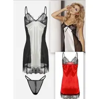 DKaren Verleidelijke satijnen chemise met string - kort sexy nachthemd met kant - slipdress met transparante tule - Delia- licht ecru/ zwart M