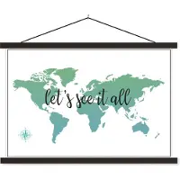 MuchoWow Wereldkaart - Spreuk - Kleur - Kompas - schoolplaat platte latten zwart 60x40 cm - Foto print op textielposter (wanddecoratie woonkamer/slaapkamer)
