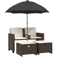 vidaXL Tuinbank 2-zits met parasol en voetenbanken poly rattan bruin