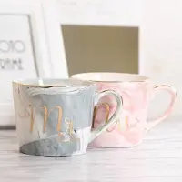 A&k 2 Stuks Luxe Keramische Mok Marmer met Mr & Mrs - Roze en Grijs - Koffie of Thee Kop