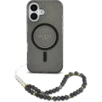 GUESS MagSafe IML Glitter Case met beads strap voor de Apple iPhone 16 Pro Max - Zwart