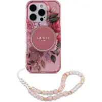 GUESS MagSafe IML Flowers Case met beads strap voor de Apple iPhone 16 Pro - Pink