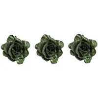 Cosy & Trendy 3x Groene decoratie roos glitters op clip 10 cm - Kersthangers