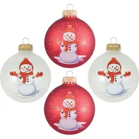 Krebs Gedecoreerde kerstballen - 4x st - rood/wit - D7 cm - glas - sneeuwpop - kerstversiering
