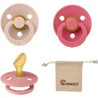 BIBS Dental fopspenen Anatomical 6-18 maanden- Set 3 stuks- Coral, Dusty Pink, Blush + Monkiezz speenzakje - orthodontisch- Anatomisch- Maat 2