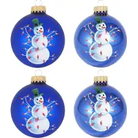 Krebs Kerstballen - 4x st - blauw - sneeuwpop - D7 cm - glas - kerstversiering