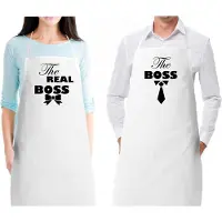 B&C mijncadeautje - keukenschort - kookschort - The Bos en The Real Boss - set van 2 stuks - wit - 100% katoen - voor hem en haar