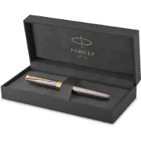 Parker Sonnet-rollerballpen | grijze lak met gouden details | fijne roestvrijstalen punt | Zwarte inkt | geschenkverpakking
