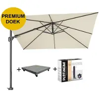 Platinum Challenger T2 premium zweefparasol 300x300 cm champagne met parasolvoet 90kg en hoes