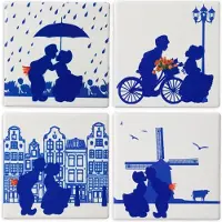 Heinen Delfts Blauw Onderzetters 'Kussend paar' Set van 4