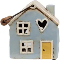 Clayre & Eef Waxinelichthouder Huis 16x11x15 cm Blauw Beige Keramiek Theelichthouder Blauw Theelichthouder