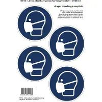 Stickerkoning Pictogram sticker M016 - Mondkapje verplicht - Lichte ademhalingsbescherming verplicht - Ø100 mm - 4 stickers op 1 vel - Corona