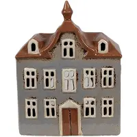 Clayre & Eef Waxinelichthouder Huis 16x9x20 cm Grijs Bruin Keramiek Theelichthouder Grijs Theelichthouder