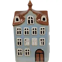 Clayre & Eef Waxinelichthouder Huis 13x9x22 cm Blauw Bruin Keramiek Theelichthouder Blauw Theelichthouder