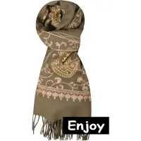 Enjoy Sjaal- taupe- langwerpig -paisley print -natuurlijke materialen