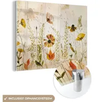 MuchoWow Glasschilderij 160x120 cm - Schilderij acrylglas - Illustratie - Planten - Insecten - Beige - Foto op glas - Muurdecoratie woonkamer - Wanddecoratie slaapkamer - Schilderijen