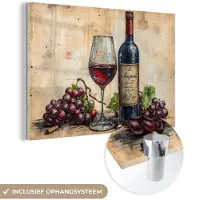 MuchoWow Glasschilderij 120x80 cm - Schilderij acrylglas - Wijn - Druiven - Vintage - Retro - Foto op glas - Muurdecoratie woonkamer - Wanddecoratie slaapkamer - Schilderijen