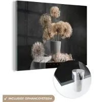MuchoWow Glasschilderij 160x120 cm - Schilderij acrylglas - Bloemzaden - Paardenbloem- Vaas - Stilleven - Boeket - Foto op glas - Muurdecoratie woonkamer - Wanddecoratie slaapkamer - Schilderijen