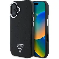 GUESS Grained Triangle Case MagSafe voor de Apple iPhone 16 - Zwart