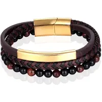 Memphis Heren armband Tijgeroog kraal gevlochten leer Goudkleurig Bruin - 21cm