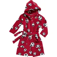 Playshoes fleece badjas Socces met voetbal dessin rood All over print - maat 158/164