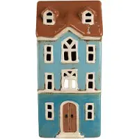 Clayre & Eef Waxinelichthouder Huis 11x9x22 cm Blauw Bruin Keramiek Theelichthouder Blauw Theelichthouder