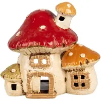 Clayre & Eef Waxinelichthouder Paddenstoel 17x12x16 cm Beige Rood Keramiek Theelichthouder Beige Theelichthouder