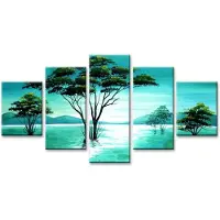 Karo-art Schilderij - Abstracte Natuur, Blauw/Groen, 160X80cm, 5luik