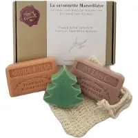Savon De Marseille Kerstcadeau pakket met zeepjes rode klei, musc, denneboomzeepje met sisalzeepzakje - kerstgeschenk