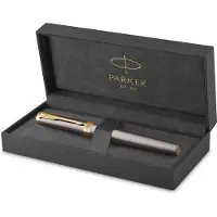 Parker Ingenuity-vulpen | grijze lak met gouden details | fijne roestvrijstalen penpunt met gouden PVD-coating | Zwarte en blauwe inktnavullingen | geschenkverpakking