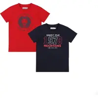 Dirkje T-shirt - set van 2 rood/marineblauw Jongens Katoen Ronde hals Printopdruk - maat 104