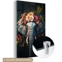 MuchoWow Glasschilderij 120x180 cm - Schilderij acrylglas - Olifant - Dieren - Bloemen - Natuur - Foto op glas - Muurdecoratie woonkamer - Wanddecoratie slaapkamer - Schilderijen