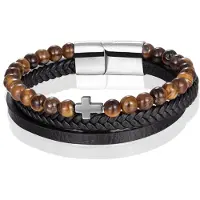 Memphis Heren armband Tijgeroog kraal gevlochten leer Kruis Zilverkleurig Bruin Zwart - 21cm