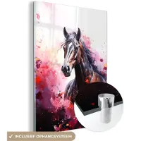 MuchoWow Glasschilderij 120x160 cm - Schilderij acrylglas - Paard - Dieren - Meisje - Roze - Foto op glas - Muurdecoratie woonkamer - Wanddecoratie slaapkamer - Schilderijen