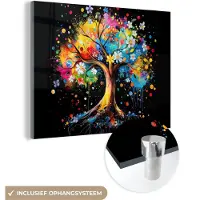MuchoWow Glasschilderij 160x120 cm - Schilderij acrylglas - Boom - Kleurrijk - Bloemen - Zwart - Foto op glas - Muurdecoratie woonkamer - Wanddecoratie slaapkamer - Schilderijen