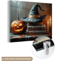 MuchoWow Glasschilderij 160x120 cm - Schilderij acrylglas - Halloween - Stilleven - Heksenhoed - Pompoen - Heks - Foto op glas - Muurdecoratie woonkamer - Wanddecoratie slaapkamer - Schilderijen
