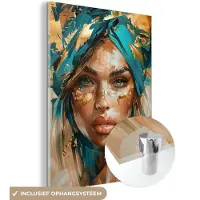 MuchoWow Glasschilderij 120x160 cm - Schilderij acrylglas - Vrouw - Portret - Goud - Luxe - Blauw - Foto op glas - Muurdecoratie woonkamer - Wanddecoratie slaapkamer - Schilderijen