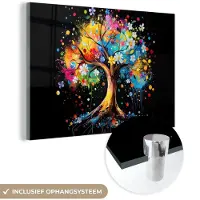 MuchoWow Glasschilderij 180x120 cm - Schilderij acrylglas - Boom - Kleurrijk - Bloemen - Zwart - Foto op glas - Muurdecoratie woonkamer - Wanddecoratie slaapkamer - Schilderijen