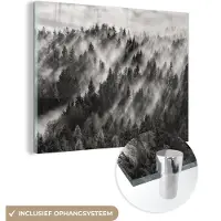 MuchoWow Glasschilderij 160x120 cm - Schilderij acrylglas - Landschap - Mist - Bos - Natuur - Foto op glas - Muurdecoratie woonkamer - Wanddecoratie slaapkamer - Schilderijen