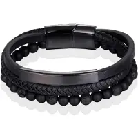 Memphis Heren armband Agaat kraal gevlochten leer Zwart - 19cm
