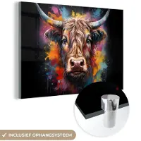 MuchoWow Glasschilderij 180x120 cm - Schilderij acrylglas - Graffiti - Schotse hooglander - Zwart - Koe - Foto op glas - Muurdecoratie woonkamer - Wanddecoratie slaapkamer - Schilderijen