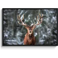 PosterMonkey Poster in lijst - Fotolijst 120x80 cm - Posters - Hert - Winter - Sneeuw - Bos - Natuur - Dier - Posterlijst zwart - Decoratie - Wanddecoratie woonkamer - Muurdecoratie slaapkamer