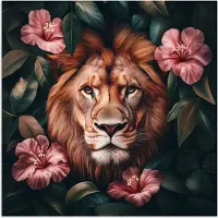 PosterMonkey Poster 50x50 cm - Leeuw - Roze bloemen - Bladeren - Botanisch - Posters - Kamer decoratie - Wanddecoratie woonkamer - Muurdecoratie slaapkamer