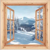 PosterMonkey Poster 75x75 cm - Doorkijk - Winterlandschap - Natuur - Berg - Bomen - Hout - Posters - Kamer decoratie - Wanddecoratie woonkamer - Muurdecoratie slaapkamer