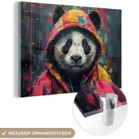 MuchoWow Glasschilderij 180x120 cm - Schilderij acrylglas - Graffiti - Panda - Jas - Kleurrijk - Street art - Foto op glas - Muurdecoratie woonkamer - Wanddecoratie slaapkamer - Schilderijen