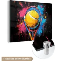 MuchoWow Glasschilderij 160x120 cm - Schilderij acrylglas - Graffiti - Tennis - Sport - Racket - Foto op glas - Muurdecoratie woonkamer - Wanddecoratie slaapkamer - Schilderijen