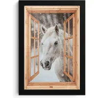 PosterMonkey Poster in lijst - Fotolijst 20x30 cm - Posters - Doorkijk - Paard - Wit - Winter - Sneeuw - Dieren - Posterlijst zwart - Decoratie - Wanddecoratie woonkamer - Muurdecoratie slaapkamer