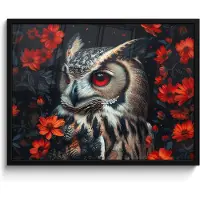 PosterMonkey Poster in lijst - Fotolijst 80x60 cm - Posters - Uil - Bosdieren - Rode bloemen - Natuur - Posterlijst zwart - Decoratie - Wanddecoratie woonkamer - Muurdecoratie slaapkamer