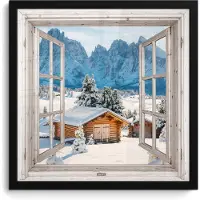PosterMonkey Poster in lijst - Fotolijst 40x40 cm - Posters - Winterlandschap - Huisje - Bergen - Uitzicht - Doorkijk - Natuur - Posterlijst zwart - Decoratie - Wanddecoratie woonkamer - Muurdecoratie slaapkamer